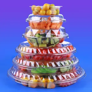 Disposable Plastic Fresh Cut Fruit Container Salad PET Round Boxes For Taking Away