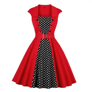 2023 Patchwork Vintage Summer Casual Women's Dress Elegant Polka Dot Printed 50s Cotton Flare Tunic Midi Party Dresses SR428