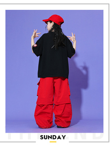 Traje de <span class=keywords><strong>Baile</strong></span> Hip Hop para Niños, Camiseta Negra con Estampado Slam Dunk, Pantalones Cargo Rojos Holgados, Ropa para Actuaciones en Escenario - Product Image 5