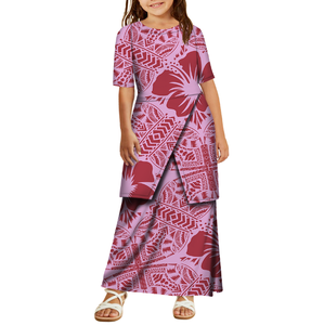 ドロップシッピングカスタムプラスサイズ太平洋島アートデザイン子供半袖Puletasドレス<span class=keywords><strong>2</strong></span>ピースセット夏女の子ロングドレス - Product Image 3