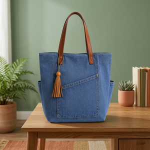 Denim <b>Canvas</b> Tote Bag Women Shoulder Handbag Zipper <b>Shopper</b> with Tassel Polyester Lining for Daily Shopping Travel - Product Image 4