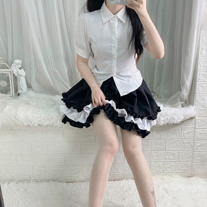 Lolita Maid <b>Skirt</b> Women Black <b>White</b> Layered <b>Ruffle</b> Satin Elastic Waist <b>Mini</b> <b>Skirt</b> Princess Style Dress - Product Image 3