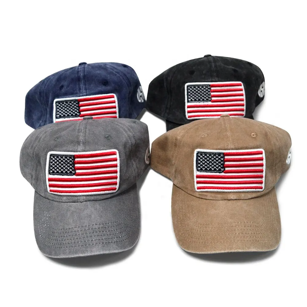 Wholesale Custom Distressed Dad Hat Vintage Hat Stone Washed Cotton Baseball Caps with Custom Embroidered USA American Flag Logo