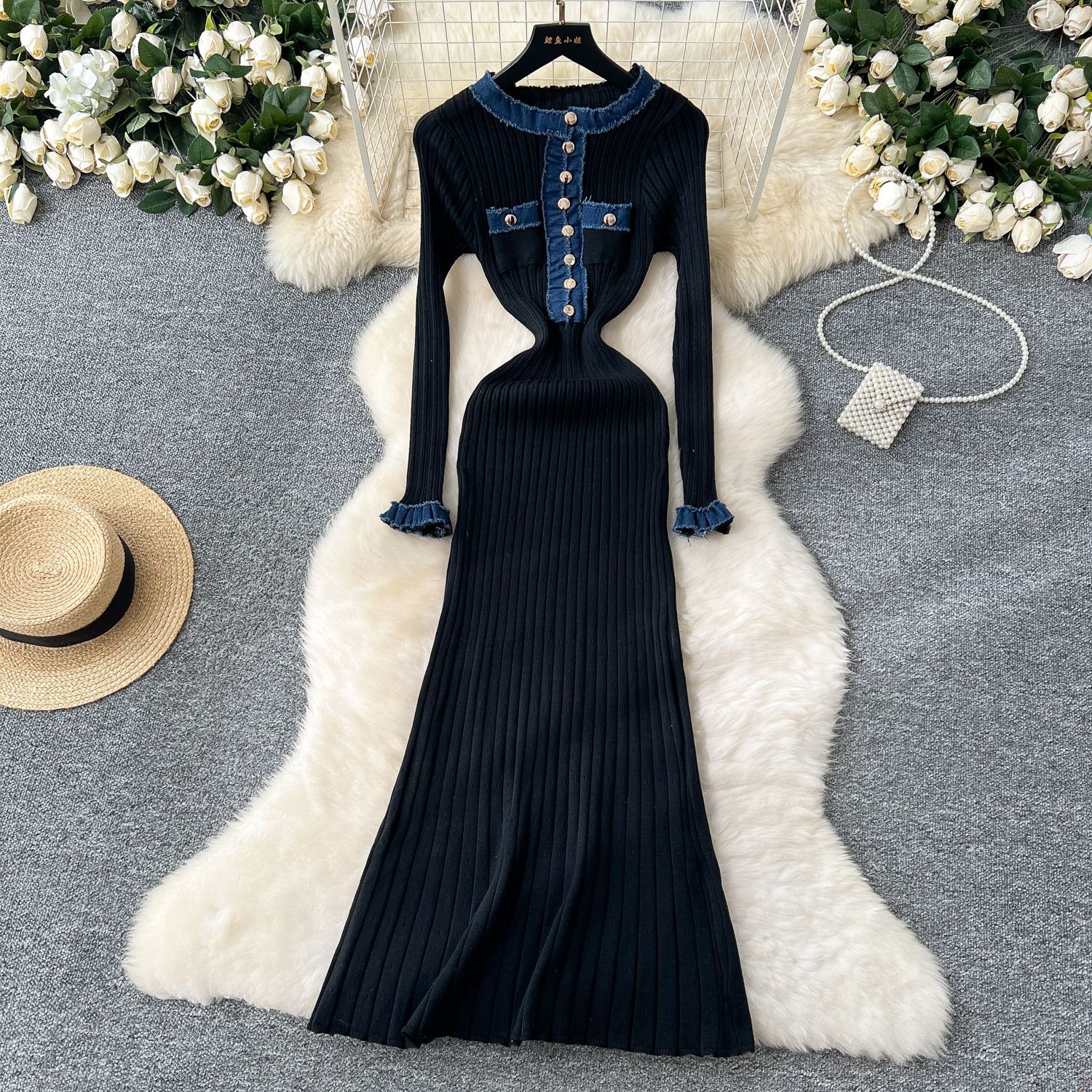 Women's Contrasting Round Neck Metal Buckle Slim Knit Dress Elastic Tight  Fit Hip Hugging Sweater Long Skirt| Alibaba.com