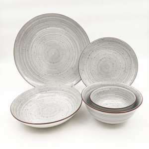 Juego <span class=keywords><strong>de</strong></span> <span class=keywords><strong>Vajilla</strong></span> <span class=keywords><strong>de</strong></span> <span class=keywords><strong>Gres</strong></span> Blanco con Espiral y Diseño Moteado, Estilo Rústico con Borde Rojo Hecho a Mano - Product Image 1