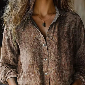 Camicetta Casual da Donna Primavera-Estate con Stampa Vintage, Maniche Lunghe, Imitazione Cotone e Lino - Product Image 1