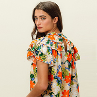 Boho Chic col roulé Bloom imprimé hauts fleur graphique manches superposées Blouse motif fleuri Smock bouton dos chemise à manches volantées