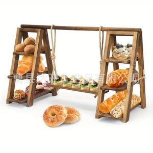 Soporte de madera para pasteles y postres de 3 niveles con estante giratorio para uso en fiestas y escritorio. - Product Image 1