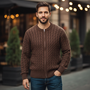 <span class=keywords><strong>Cardigan</strong></span> <span class=keywords><strong>a</strong></span> Righe con Contrasto di Colore, Lavorazione <span class=keywords><strong>a</strong></span> Trecce, Stile Retrò Autunnale per Ragazzi, Maglione Versatile in Poliestere Stile Americano - Product Image 1