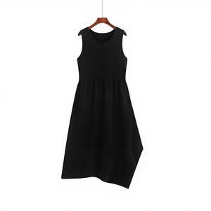 Black Sleeveless Midi <b>Dress</b> O-Neck A-Line <b>Loose</b> Fit Asymmetrical Hem With Pockets Casual <b>Summer</b>/Spring Breathable Women's <b>Dress</b> - Product Image 2