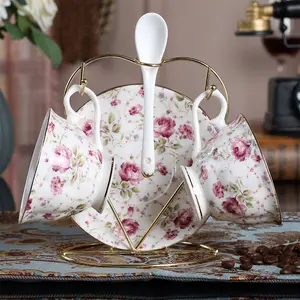 QIAN HU Factory Directly Sale Queen Anne Bone China 2 pcs Tea Cup and Saucer Set with Spoon Made in England Hot Sale Amazon