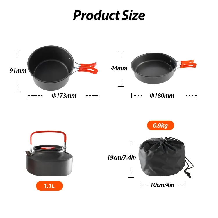 KingGear Outdoor Memasak Pot Panci Portable Peralatan Masak Berkemah Mess Kit 3 In 1 Camping Cooking Set Peralatan Masak Aluminium Set