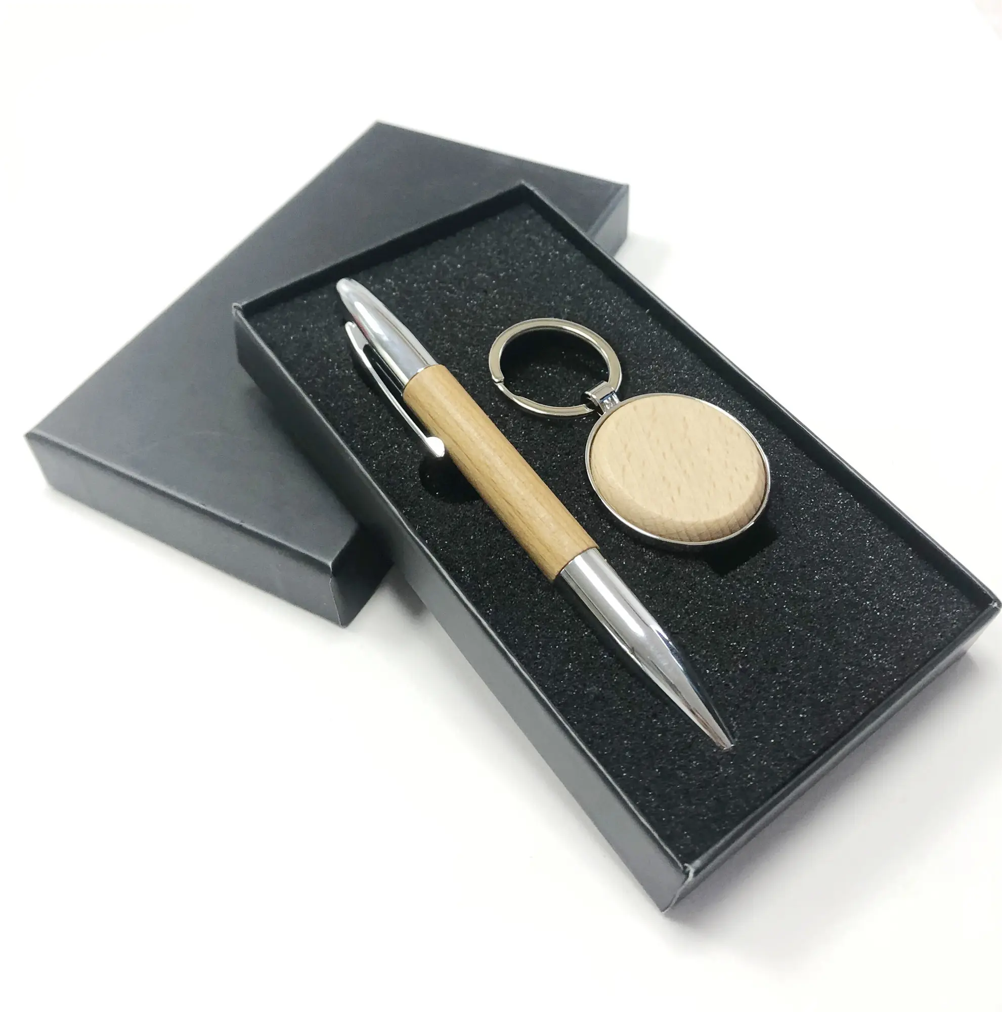 Hot Sale Product Metal Zinc Alloy Keychain Pen Business Gift Set Wood Pen Wooden Keychains Laser Logo Luxury Corporate Men Gift
