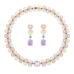 Ensemble collier et boucles d'oreilles pour femme style Victoria en laiton plaqué rhodium, nacre blanche et zircon violet, cadeau de haute qualité - Product Image 1