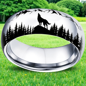 Anello da uomo da 8 mm in acciaio inossidabile nero e argentato con <span class=keywords><strong>lupo</strong></span> nella foresta, anelli da <span class=keywords><strong>donna</strong></span> alla moda, accessori uomo - Product Image 4