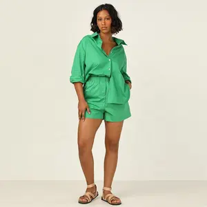 Women Green Color Relaxed Fit Long Sleeve Button Up Shirt And Shorts Plus Size Summer Set