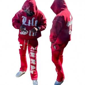 Diseño libre 500gsm Apliques <span class=keywords><strong>de</strong></span> diamantes <span class=keywords><strong>de</strong></span> imitación Lavado ácido Sun Faded Raw Hem Hoodie Streetwear Flare Set Parches Bordado Sudadera con capucha personalizada - Product Image 5