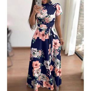 Vestido Largo de Verano para <span class=keywords><strong>Mujer</strong></span> 2026, Manga Larga/Corta, Estampado Floral, Cuello Alto, <span class=keywords><strong>Cinturón</strong></span>, Elegante, Casual, Tallas Grandes - Product Image 6