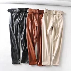 Pantaloni Alti in Ecopelle per <span class=keywords><strong>Donna</strong></span>, Moda Femminile, Pantaloni Larghi in Finta Pelle con Tasche, Eleganti, <span class=keywords><strong>3</strong></span> Colori, Beige - Product Image 2