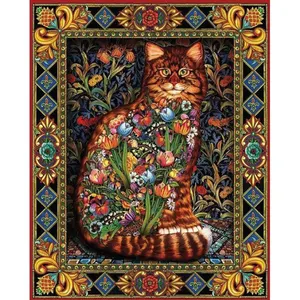 Handmade Diy Animals Diamond Painting Cat and Flower AB Drill 5d Diamond Embroidery Painting Retro Wall Decoration