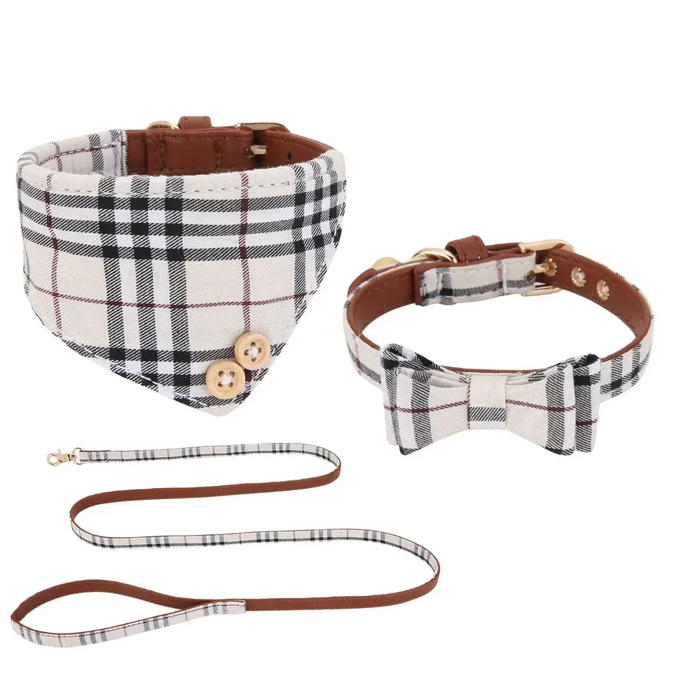 Cute Bow Tie Classic Plaid Cat Collar Bandana with Adjustable Buckle and Scarf for Small Pets