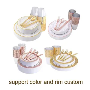 Free Sample Plastic Dinnerware Set Food Grade Tableware Rose Gold Party And Wedding Used Sets