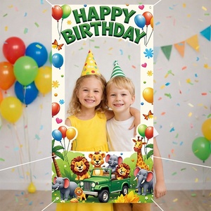 Toile de fond photo thème animaux de la jungle, motif dessin animé, pour fête d'<span class=keywords><strong>anniversaire</strong></span>, avec animaux 3D mignons, décoration de visage évidée, <span class=keywords><strong>Joyeux</strong></span> <span class=keywords><strong>Anniversaire</strong></span> - Product Image 1