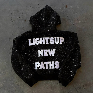 Sweat à capuche zippé streetwear de créateur en coton 100% effet vieilli, <span class=keywords><strong>noir</strong></span>, coupe oversize, épais, brodé de strass - Product Image 3