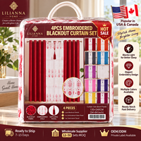 Lot de 4 rideaux de fenêtre en gros avec voilages brodés, draperies unies à œillets et pompons décoratifs