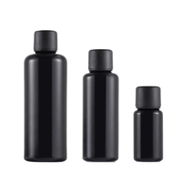 Flacons cosmétiques en verre noir brillant avec bouchon à vis, disponibles en tailles 10 ml, 15 ml, 20 ml, 30 ml, 50 ml, 100 ml