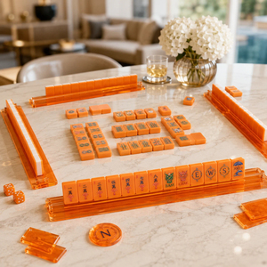 Classic Mahjong Tiles Set Orange Plastic Portable Game for 4 Players with Floral Mat and Storage Bag - Product Image 3