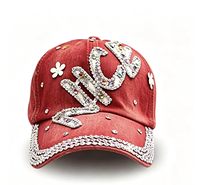 Casquette en jean avec joli patch de lettres et de fleurs en strass colorés, plusieurs couleurs disponibles, vente en gros