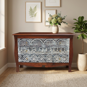 Buffet de rangement ancien traditionnel en bois massif avec 3 tiroirs, style ferme, pour salons/salles à manger, fait main - Product Image 1