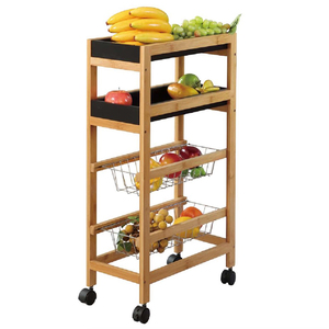 Chariot de service de cuisine en bambou à 4 niveaux personnalisé <span class=keywords><strong>sur</strong></span> roues avec tiroir réglable, panier et plateau amovibles en fil métallique - Product Image 4