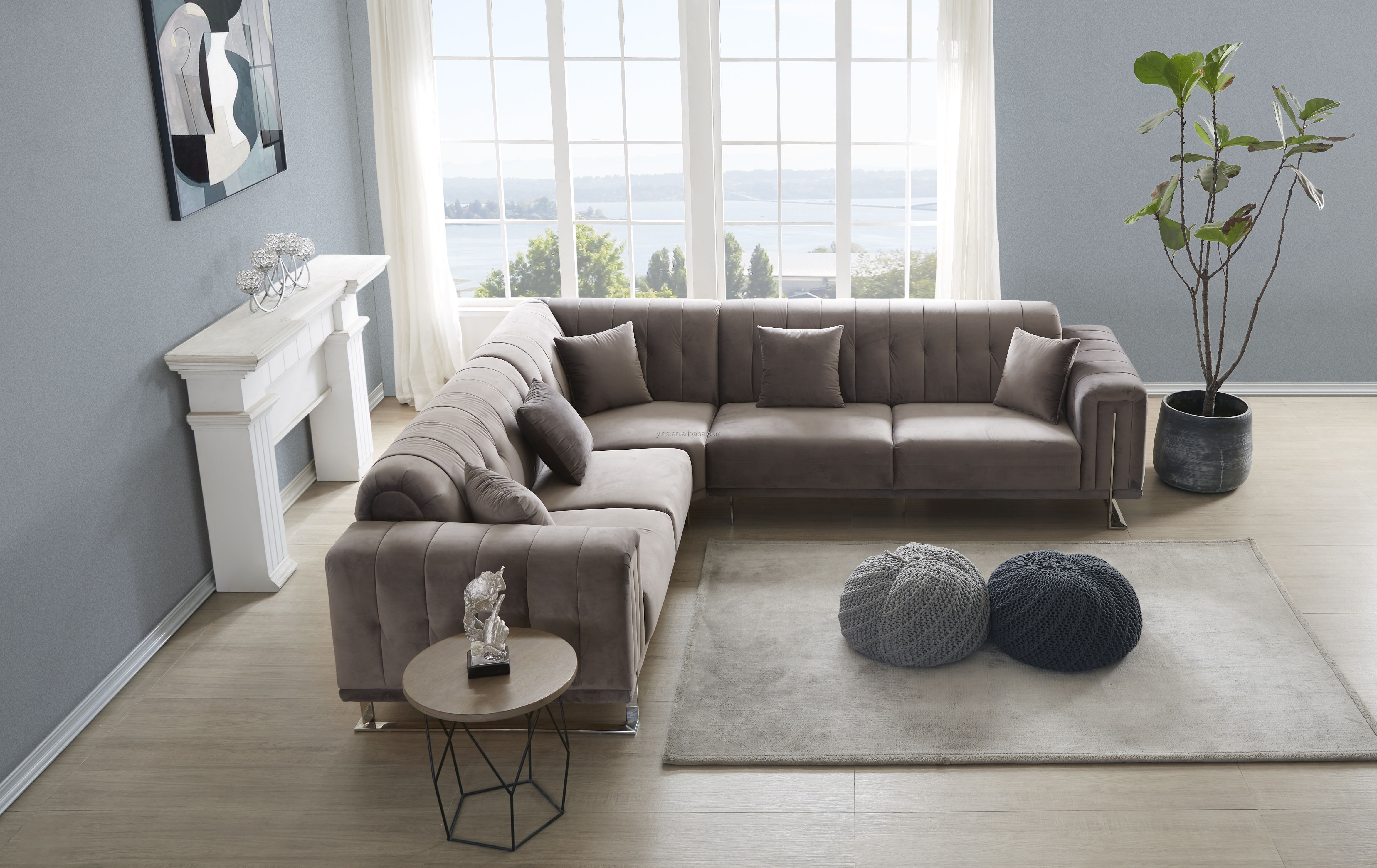 luxury velvet fabric european chesterfield living room modern furniture with Metallic stainless steel leg sofa set