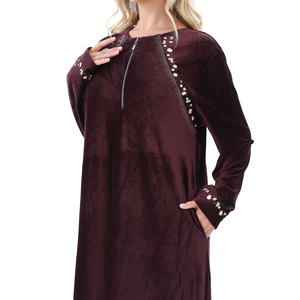 Shantou fábrica ropa islámica Libia Argelia árabe musulmán mujeres vestido Abaya invierno terciopelo bordado señoras Maxi vestido - Product Image 6