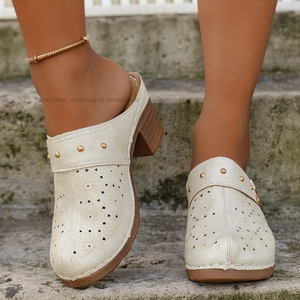 European and American Thick Heel Toe Half <b>Slippers</b> for Women Summer New Style <b>Big</b> Hollow Studded High-heeled <b>Slippers</b> 43 - Product Image 4