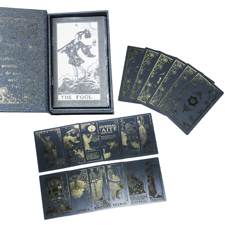 Grosir Kustom Matte Hitam Pvc Dua Sisi Hot Stamping Kartu Tarot Deck dengan Buku Panduan untuk Pemula