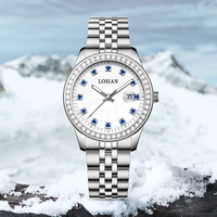 LOSIAN L2333 Montre mécanique automatique de luxe Fashion Explorer, cristal saphir, lunette sertie de diamants, résistante à l'eau 50M, acier inoxydable