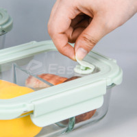 Boîte à lunch en verre borosilicate vert clair à 3 compartiments avec couvercle en verre, boîte de rangement alimentaire étanche pour le bureau et l'école