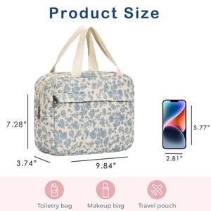 Tas <span class=keywords><strong>Makeup</strong></span> koket quilt besar, <span class=keywords><strong>Organizer</strong></span> kosmetik perjalanan katun bunga Preppy lucu dengan pegangan atas multi-lapisan kantung perlengkapan mandi - Product Image 3
