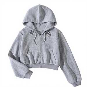 Vente en gros de sweats à capuche zippés courts pour femmes, sweats à capuche en molleton vierges, personnalisables (impression, OEM, ODM), en mélange de coton tricoté, pour l'automne - Product Image 1