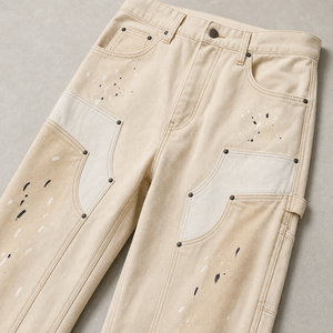 Pantalon <span class=keywords><strong>cargo</strong></span> ample personnalisé pour <span class=keywords><strong>homme</strong></span>, <span class=keywords><strong>beige</strong></span>, avec empiècements patchwork, multi-poches, coupe large, style utilitaire - Product Image 3