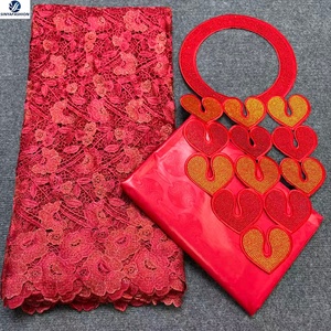 Ensemble de dentelle Aso Ebi pour mariage africain, tissu de dentelle guipure soluble dans l'eau, tissu Bazin Riche assorti et collier en strass - Product Image 1