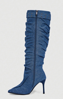 Bottes en jean pour femme personnalisables, montantes, à bout pointu, talon aiguille, avec bride à boucle et fermeture éclair latérale