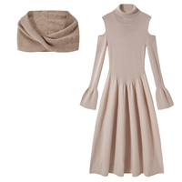 Robe midi en tricot élégante et polyvalente à épaules dénudées, robe en tricot pour femme automne-hiver avec châle amovible
