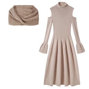 Đầm len nữ dáng midi thời trang đa năng, kiểu trễ vai, thanh lịch mùa thu đông, kèm khăn choàng tháo rời - Product Image 3