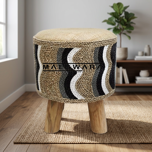 Taburete Redondo de Almacenamiento STOOL MOZAIK 1, Hecho a Mano con Mimbre y Sisal, Patas de Madera Maciza, Estilo Boho - Product Image 4