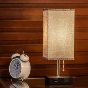 Small square LED desk lamp with USB charging port bedroom bedside lamp household reading lamp with black fabric lampshade