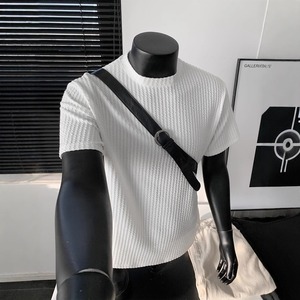 Camiseta de seda de hielo informal de verano para hombre Cleanfit al por mayor parte inferior elástica de punto a rayas blancas y negras 180g con diseño de patrón - Product Image 1
